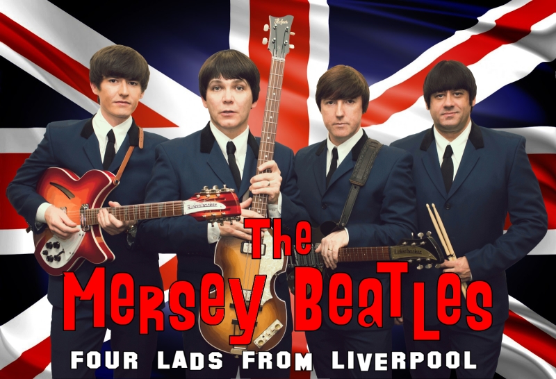 Advertisement for the Mersey Beatles standing in front of the Union Jack