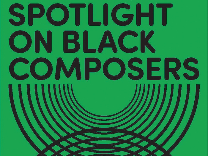 Black text on green background spelling Spotlight on Black Composers with half circle designs