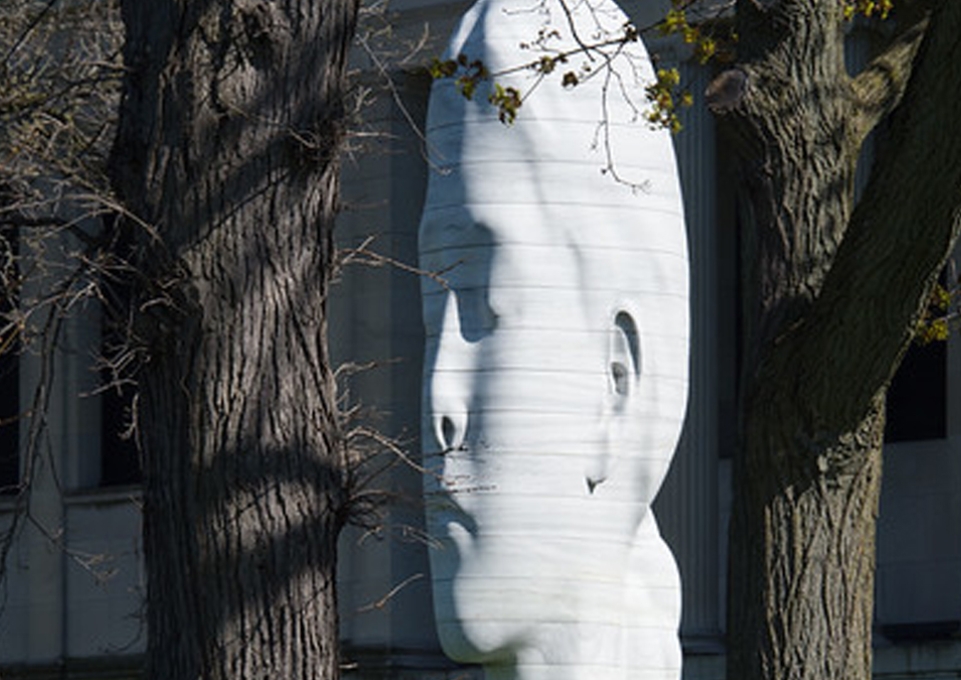 Outdoor sculpture of woman's head at Albright-Knox Art Gallery