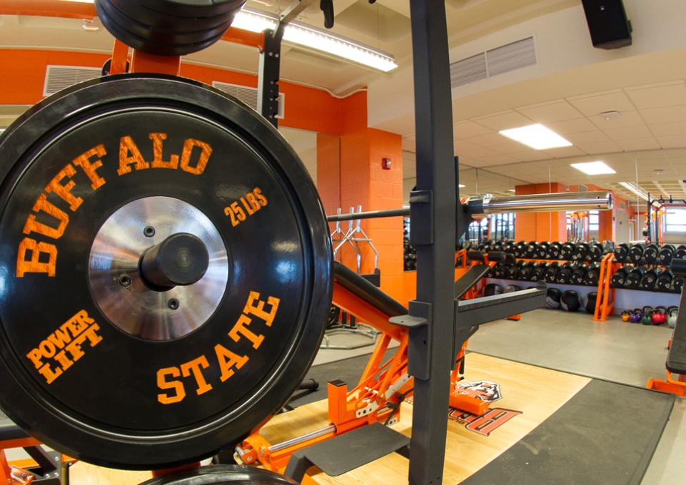 Weights in Buffalo State's fitness room