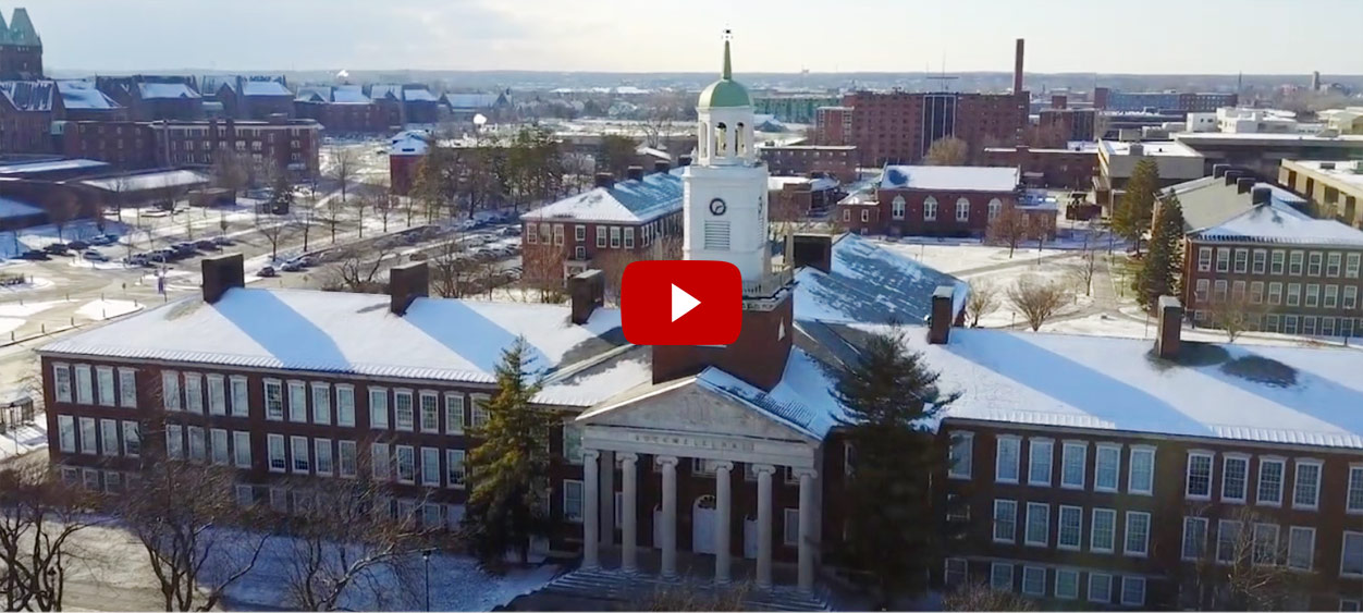 holiday video thumbnail, an ariel view of Rockwell Hall