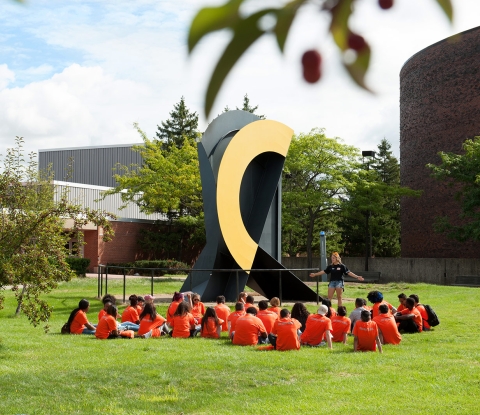 Students at orientation outside at Upton