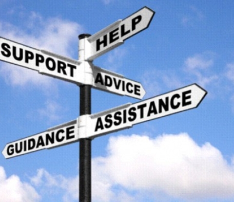 Road sign with words "Help," "Support," "Advice," and more.