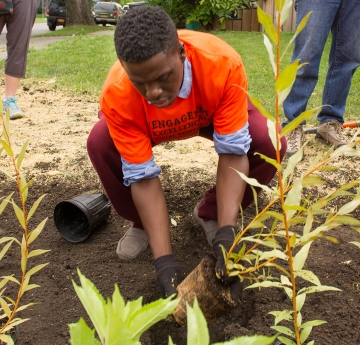 Student planting in a community garden