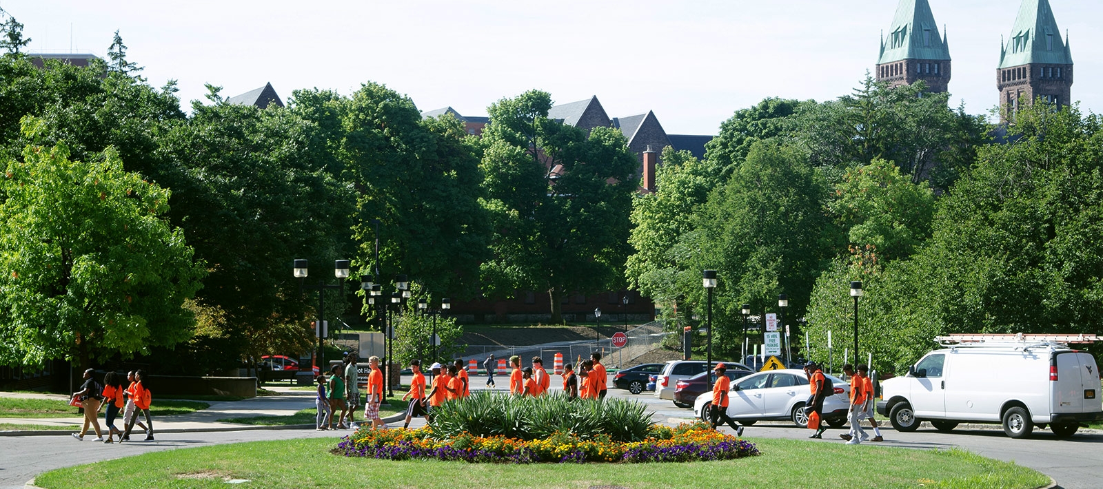 Student walking across Cleveland Circle
